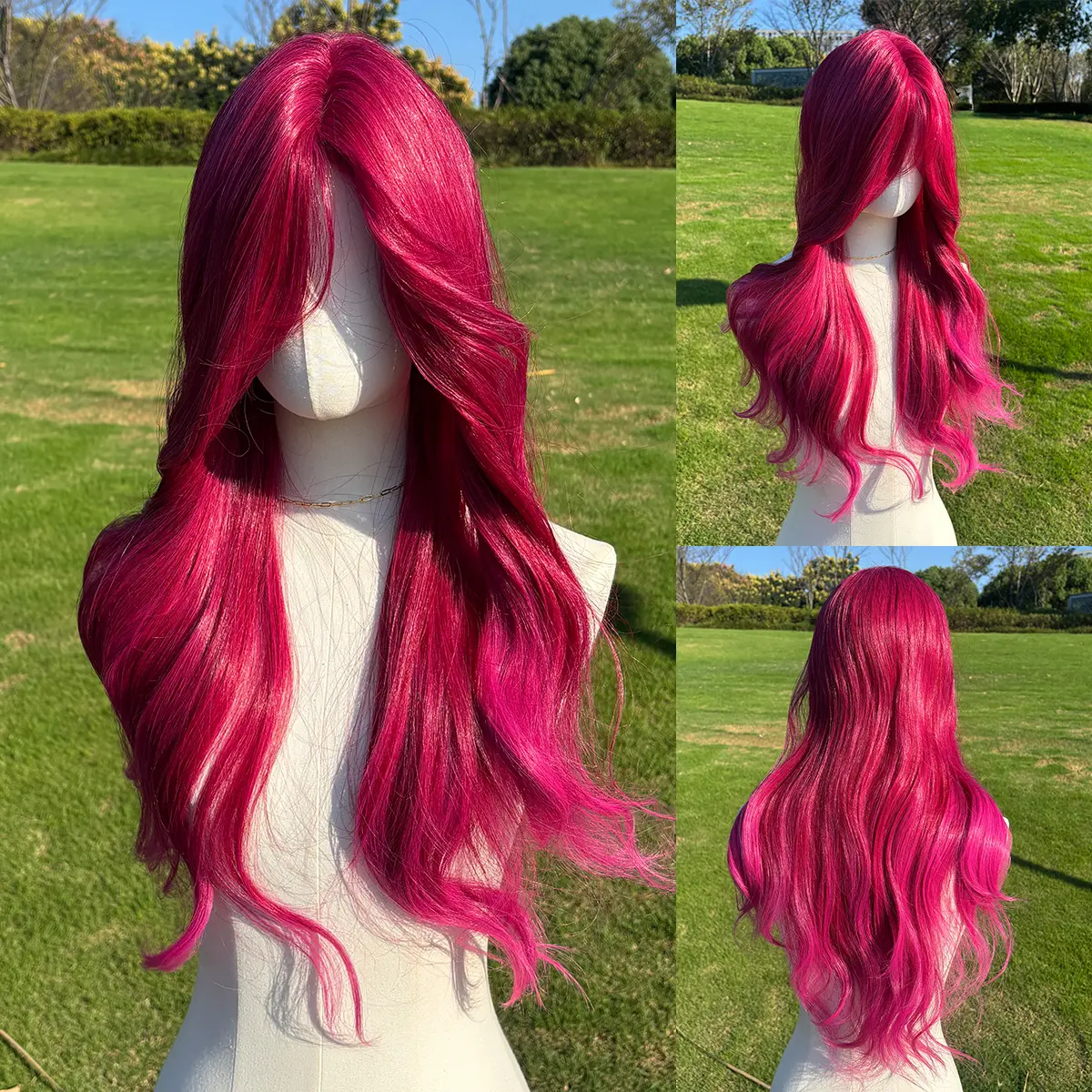 SMILCO 26Inch Rose Red Long Curly Synthetic Wig SM581 Durable Fiber One Size Fits Most Adjustable Straps Natural Color for Versatile Use