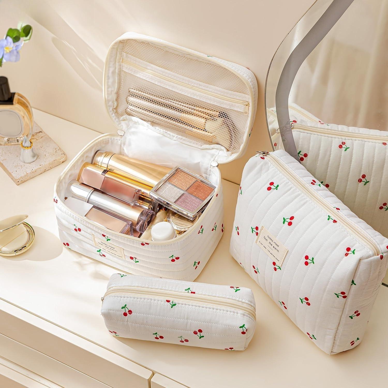 Floral Pattern Portable Floral Cotton Cosmetic Bag Set-Padded Double-Layer Protection for Travel