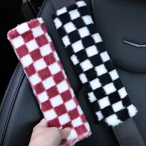 2pcs Car Seat Belt Shoulder Protector Covers, Plush Grid & Thickened Winter Anti-Slip Warm Durable Decorative Accessories