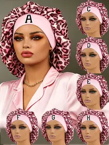 1Pc Women's Pink Leopard Print Contrast Letter Satin Hair Bonnet, Stylish Leopard Print Comfortable Head Cover, For Daily Hair Care, Home Washing, Nighttime Grooming, Smooth Haircare