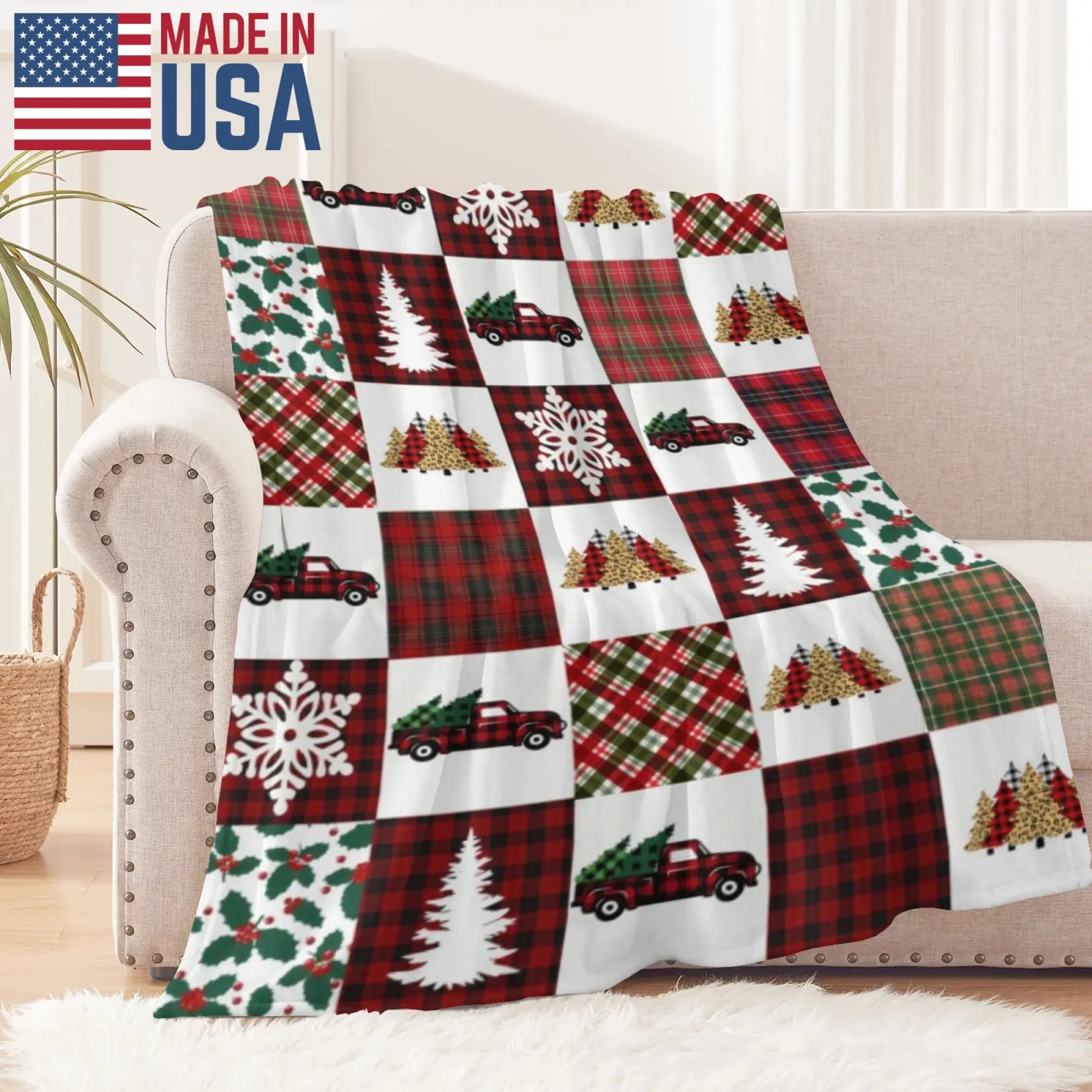 Classic Soft Flannel Throw Blanket - Vintage Red Buffalo Check, Car, Snowflake Prints - Machine Washable for Naps, Home Decor, Funny Holiday Gift