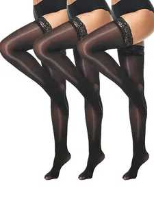 3 Pairs Shiny Wide Hem Stockings, Transparent Silk Thigh Socks, Soft Lace Top, Dual Layer Silicone, Perfect for Any