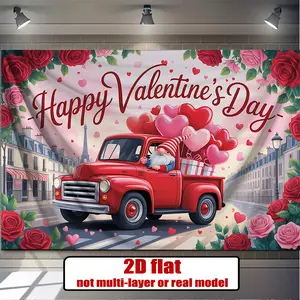 1PC 2D Flat Valentine's Day Polyester Backdrop Banner - Love Heart, Balloon Truck & Rose Decor Hanging Cloth, Reusable Party Decoration Supplies for Romantic Festival, Photo Backdrops, Birthday & Bedroom Decor