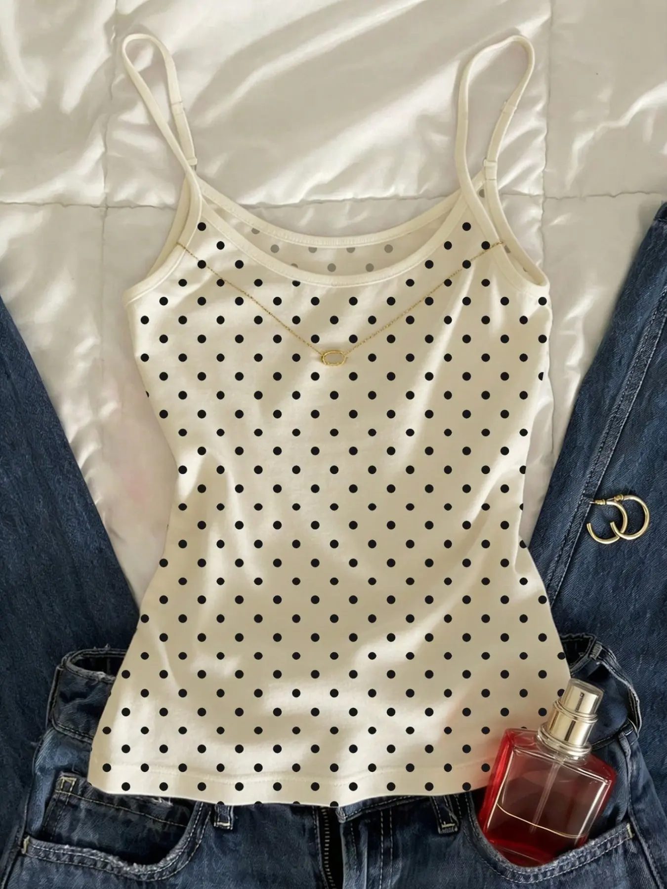Women's Fashion Polka Dot Adjustable Buckle Spaghetti Strap Adjustable Strap Cami Tank Top Vest Elegant Casual Top, Suitable for Everyday Daily Commute, Shopping, Casual Vacation Wear Fit, Casual Elegant Sleeveless
