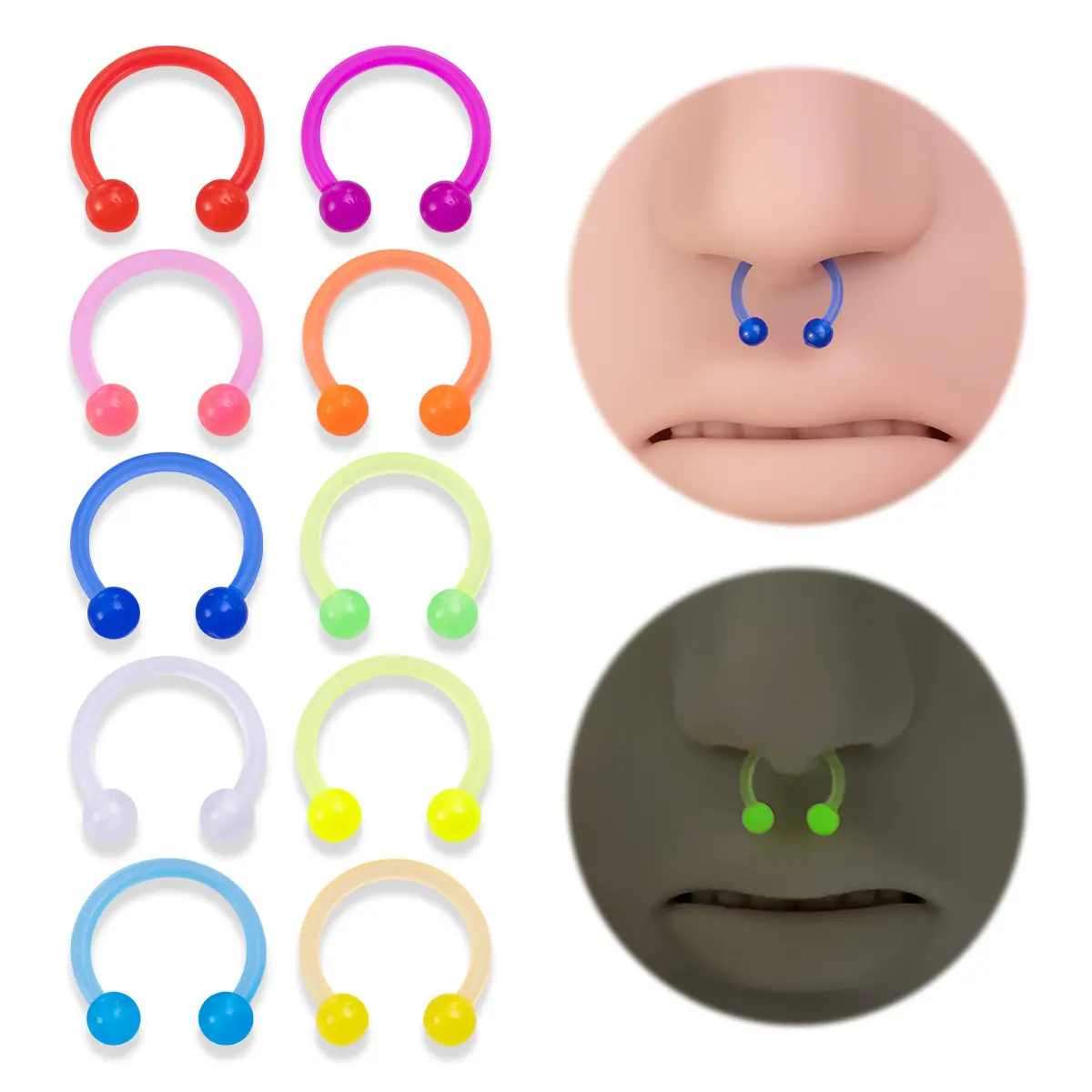 10PCS Glow In The Dark Acrylic Septum Rings Set