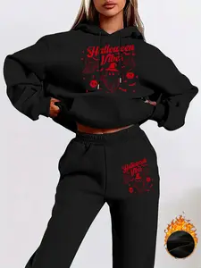 Halloween Print Fleece Hoodie Set, Casual Women's Fashion Two-Piece, Comfortable and Stylish, Perfect for Fall & Winter