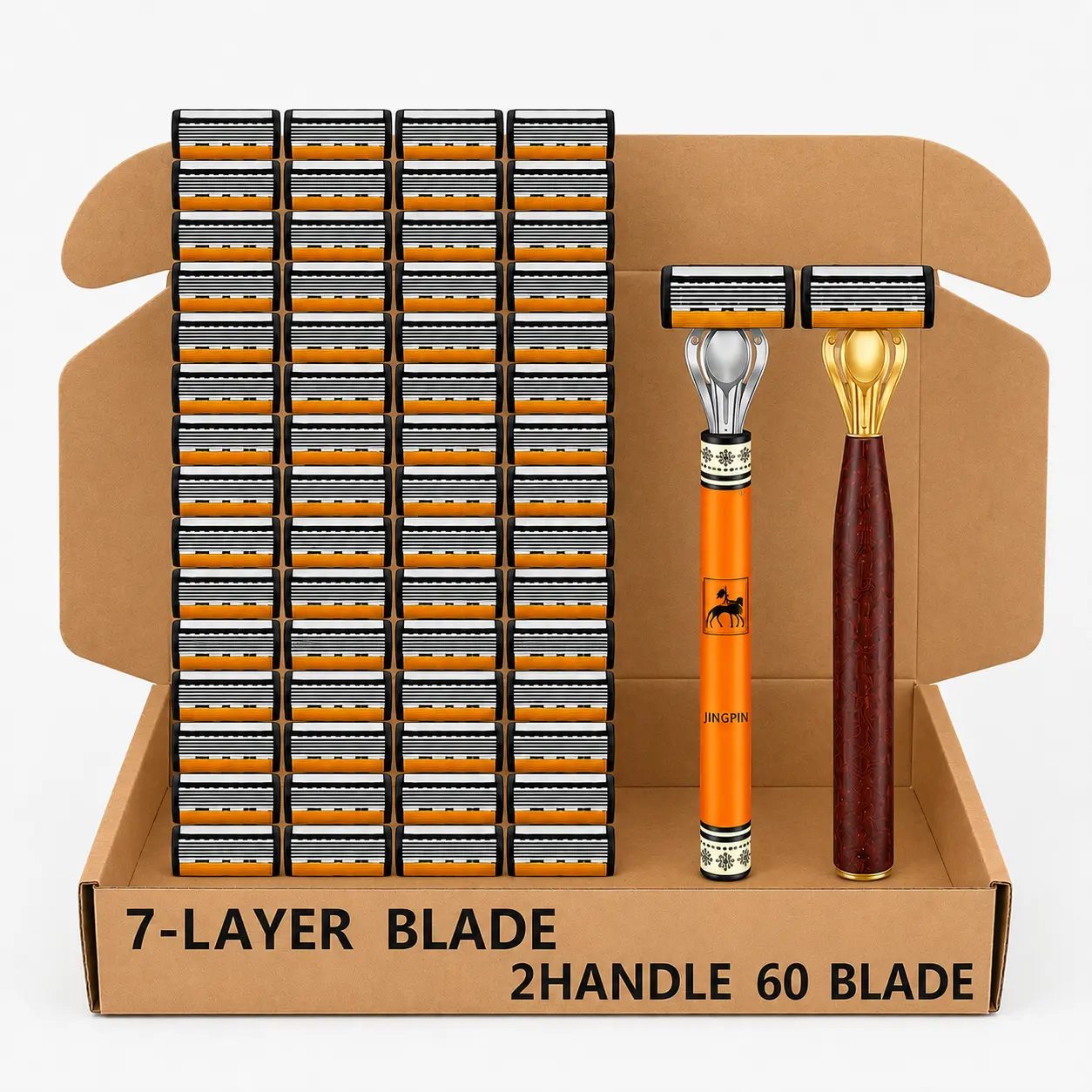 Men's  7-layer  Razor Set with 60 Replacement Cartridges and Lubricating Strip, Stainless-Steel Facial Shaver for a Smooth Shave