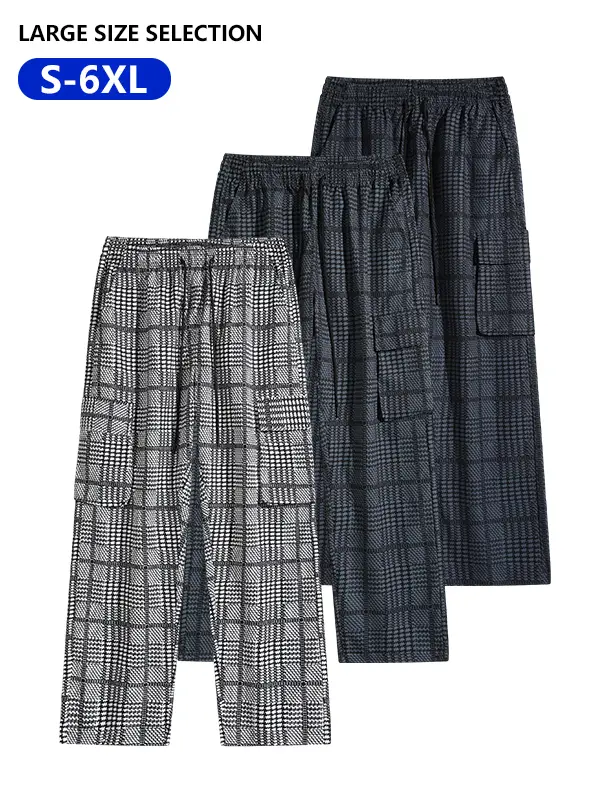 Men's fashion relaxed cargo pants, menswear, sporty casual trousers, multi-pocketed plaid pants, loose straight-leg large sizes, wide-leg casual pants, unisex retro street sport pants, casual loose pants, men's clothing, suitable for everyday wear.
