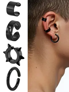 4-piece punk hip-hop style 316L stainless steel ear clip set, fashionable jewelry set, suitable for both men and women, suitable for daily or party use, can be given as a gift to friends, Punk Earrings, Ear Cuffs, Hoop Earrings