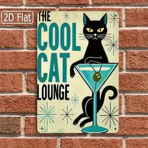 1PC 2Dflat Tin Sign, The Cool Cat Lounge Wall Art With Black Cat In Martini Glass, Retro Pop Art Style, Perfect For Lounge, Bar Or Cafe, Fun Mid-Century Decor For Cat And Cocktail Lovers, 8x12 Inches / 20x30 Cm