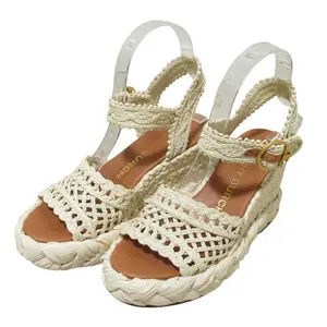 Pre-owned Tory Burch Straw Small Leather Goods Raffia Wedge Sandals