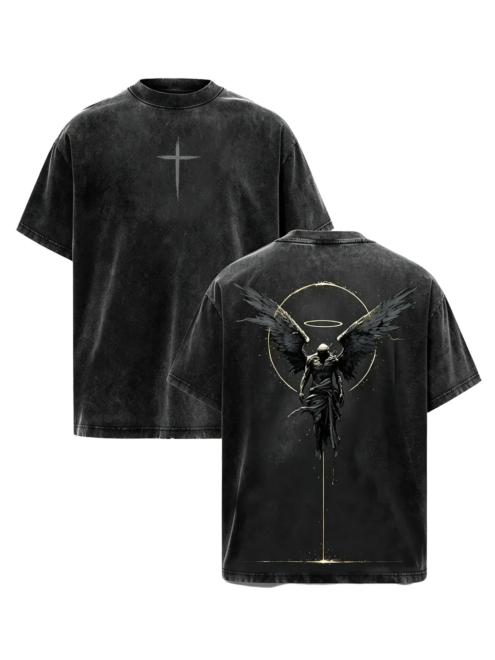 Archangel Graphic T-Shirt, Vintage Oversized Heavy Cotton Tee, Unisex Short Sleeve Gothic Streetwear with Acid Wash, Tshirt, Shortsleeve, Casual, Menswear, Round Neck, Gothic Faith Style With Medieval Edge