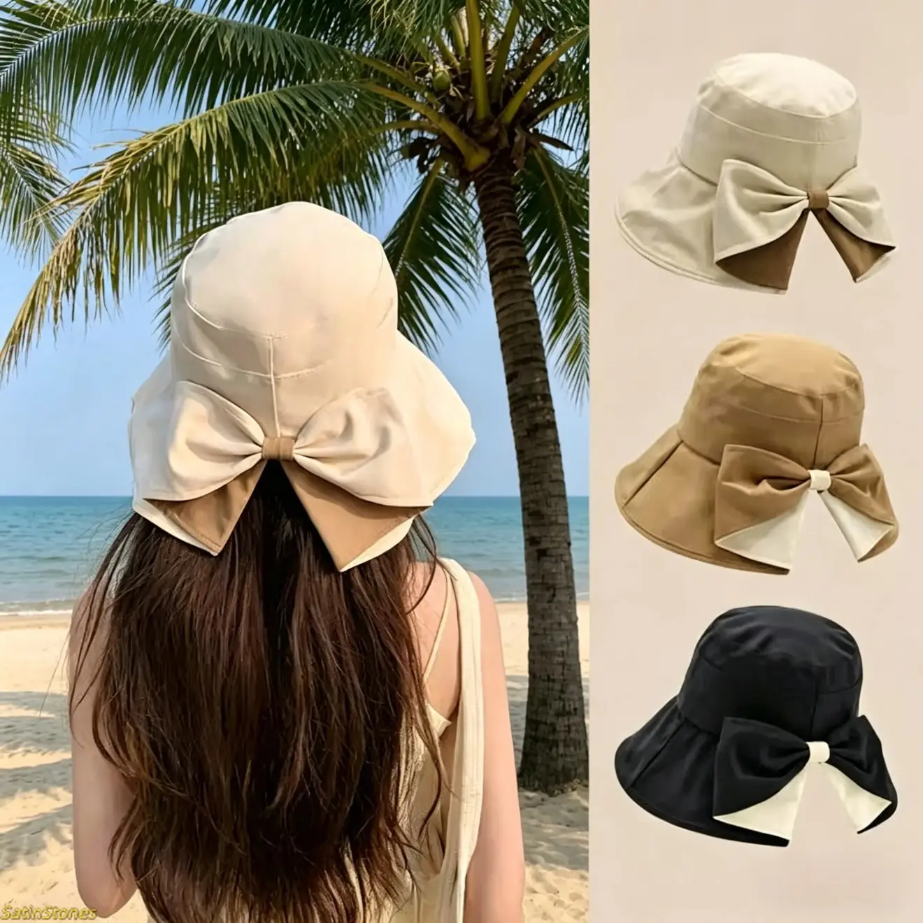 Women's Plain Cotton Bowknot Bucket Hat - UPF 50+ Wide-Brim Foldable Solar Protection, UV Resistant Sun Safe Hat - Ideal for Beach, Travel, Bowknot Hats, Solar Protection Hats