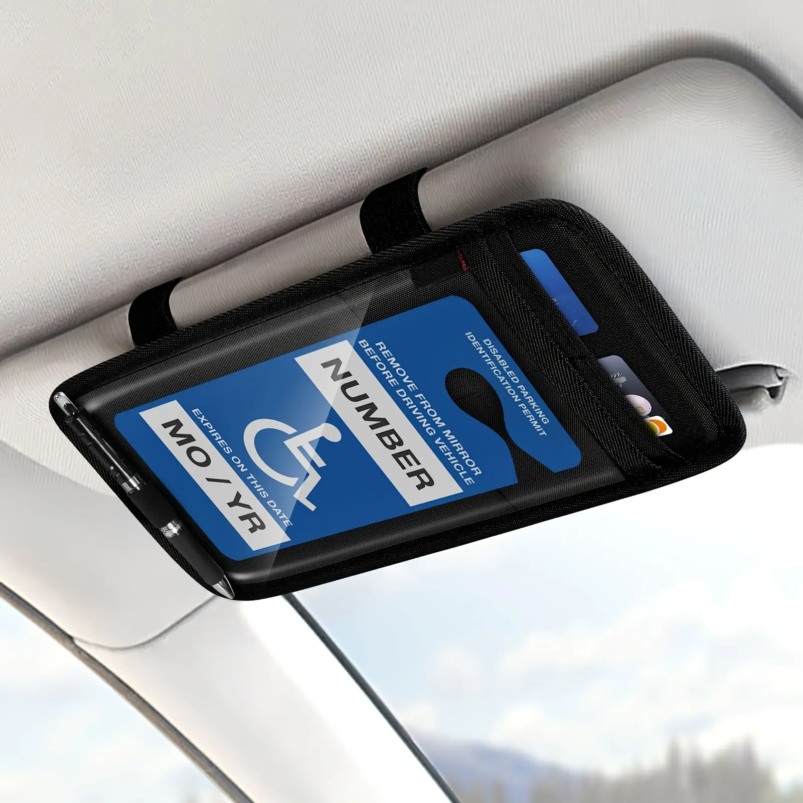 Secure Card Holder Car Visor Handicap Placard Holder with Pen Slot & Elastic Strap - Black Parking Permit Sign Protector for Disabled Access, Easy Visibility, Accessibility Accessory | Sleek Black Design