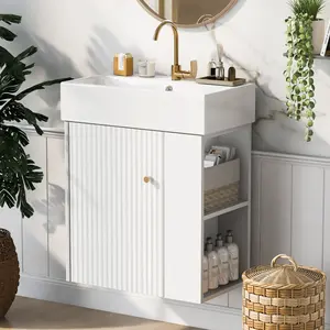 [Video]21.6inch Modern Floating Bathroom Vanity with Ceramic Basin - Perfect for Small Bathrooms, Right side storage   WL RR