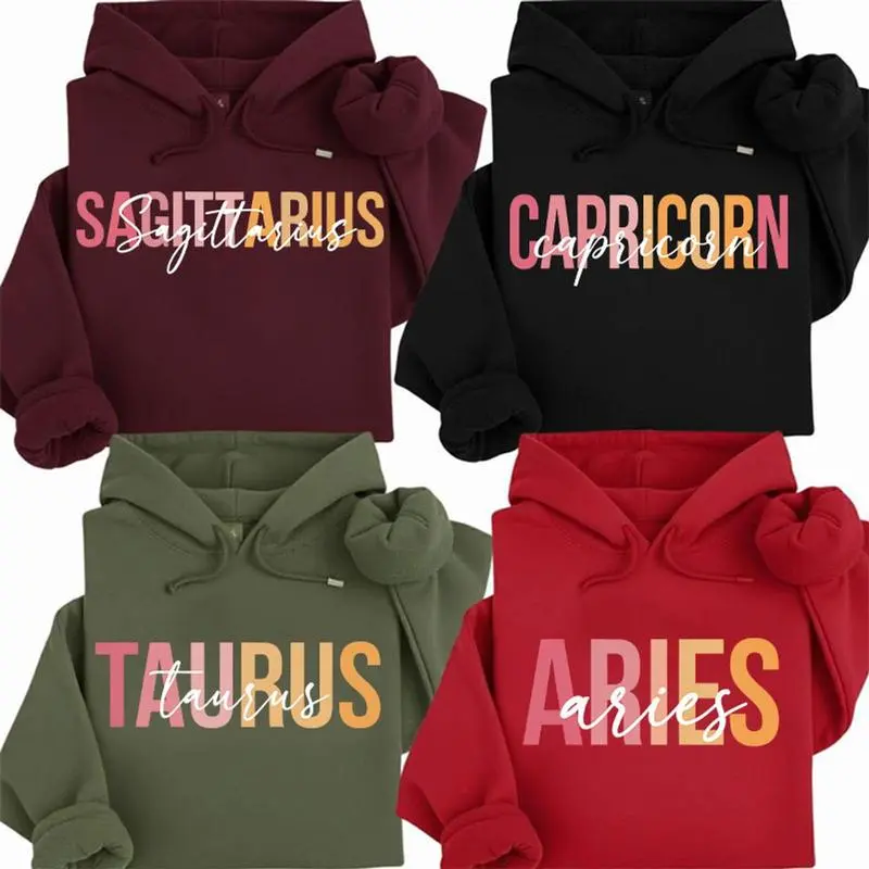 Full 12 Minimalist Zodiac Hoodie, Modern Astrology Sign Sweatshirt, Bold Letter Graphic Pullover, Cozy Unisex Hoodie, Horoscope Gift For Zodiac Lovers, gifts for Wife, women's shirt, Casual womenswear