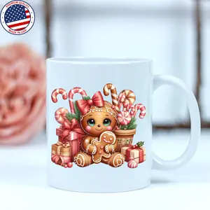 [Sale off up to 50%] Cute Gingerbread Christmas Mug  Holiday Coffee Cup with Candy Canes & Gifts, Festive Gingerbread Girl Mug, Christmas Gift for Her or Kids