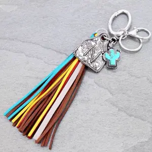Cow Tag Initial Pendant Keychain with cactus charm and Tassel