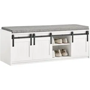 White Rustic Style Storage Bench with Sliding Barn Doors & Padded Seat Cushion, Hallway Bench, Shoe Cabinet, Window Shoe Bench