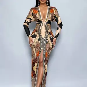 Chain Print Slit Thigh Bodycon Dress with Unique Pattern and Deep V Neckline