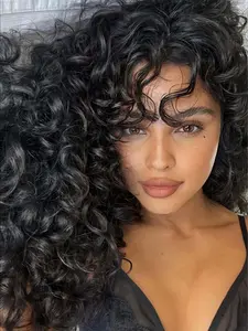 Black Curly Wig for Women 18 Inch Long Curly Afro Wig With Bangs Big Bouncy Fluffy Synthetic Hair Glueless Wig Natural Look