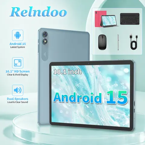 【FALL DEALS】2026 Relndoo Powerful CPU 10.1 In Android 15 Tablet with 2.4G/5G Wi-Fi, IPS Display, Wireless Mouse, Keyboard, Case - Father's Day Full Gift Bundle