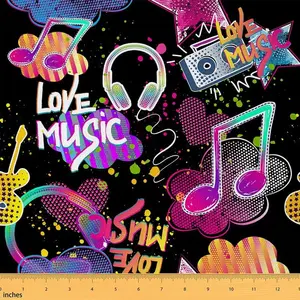Music Note Outdoor Fabric by The Yard,1 Yard,Rock Music Theme Upholstery Fabric,Headphones Radio Music Lover Decorative Fabric for Home DIY Projects, Curtains, Decoration