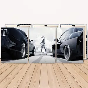 Wooden Framed Canvas Painting, 3 Counts/set Sexy Character Sports Car Race Poster, Modern Wall Decor, Wooden Wall Art for Home Living Room Bedroom