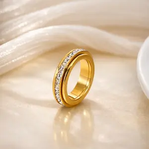 1pc Gold-Tone 360° Rotating Ring with Zirconia-Style Accents, Unisex Minimalist Design for Daily Wear or Parties