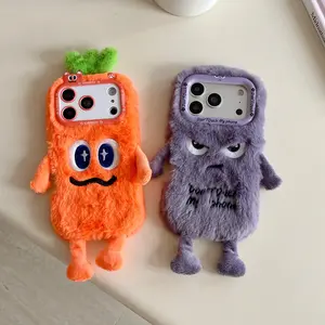 Plush Radish Design Angry Eye Phone Case for iPhone 16/17 Pro Max, Winter Warm Hand Protection Cover, Couple Protective Case