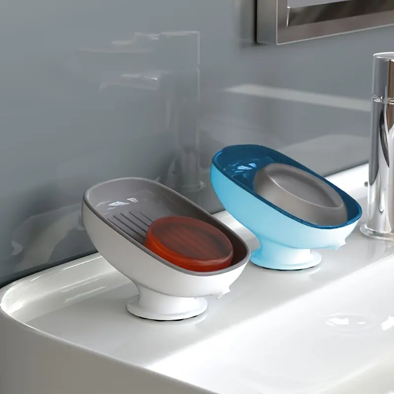 Oval Wall-Mounted Soap Dish (1Pc) - Non-Porous Plastic Bathroom Essential, Strong Suction Cups, Double-Layer Drainage, Adjustable Angle - Ideal for Modern Homes (Grey/Blue Options)