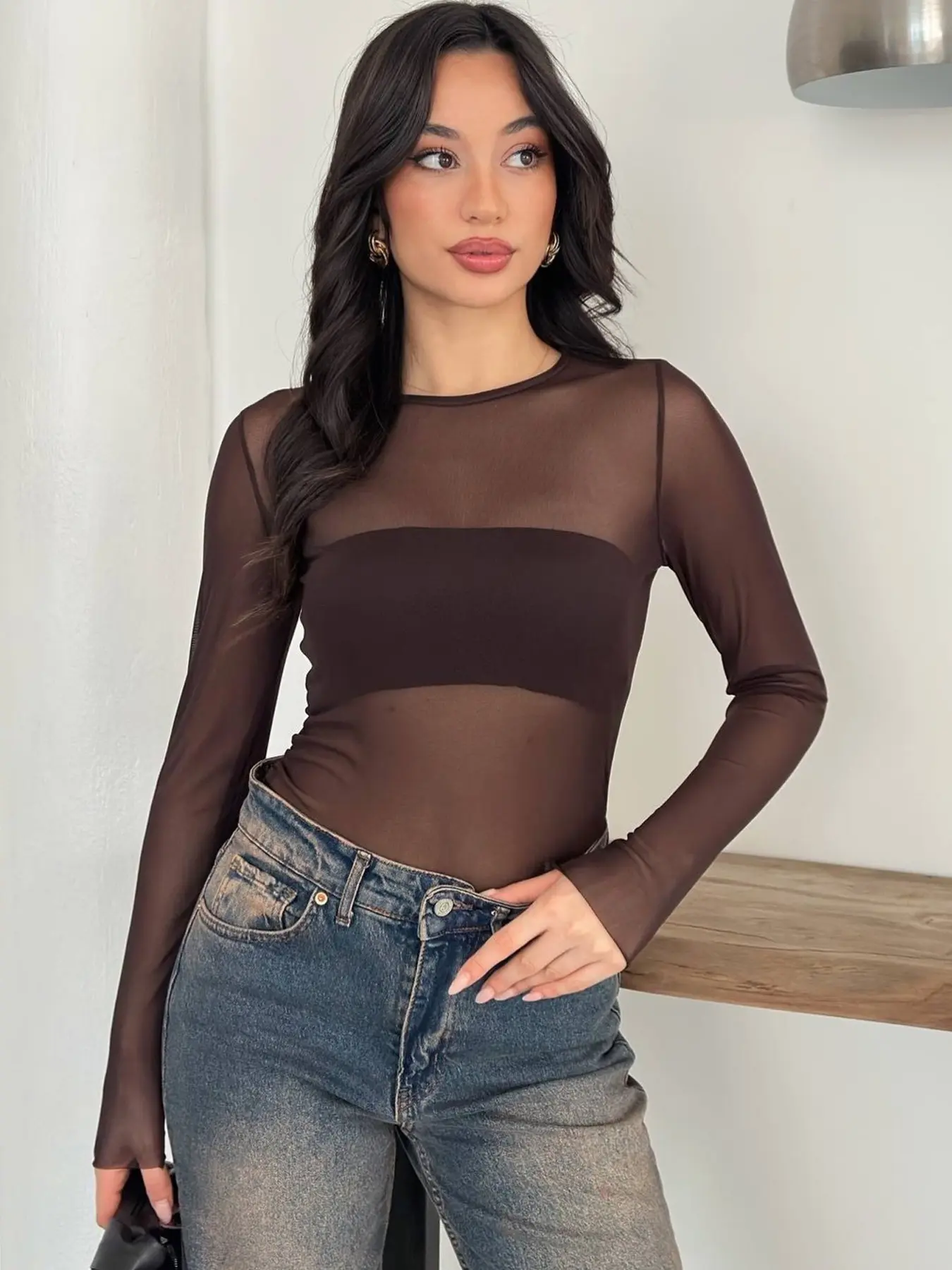 Tulle Sheer Bodysuit Women Evening Corset Long Sleeve Body Sexy Hot Mesh Bodysuit Street Lingerie Slimming Body Y2K Summer One-Piece Thong Brown Body Womenswear Lady
