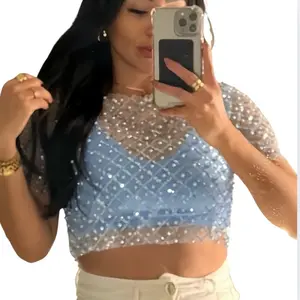 Fashion Cropped Shine with Pearl Mesh Blouse Womenswear