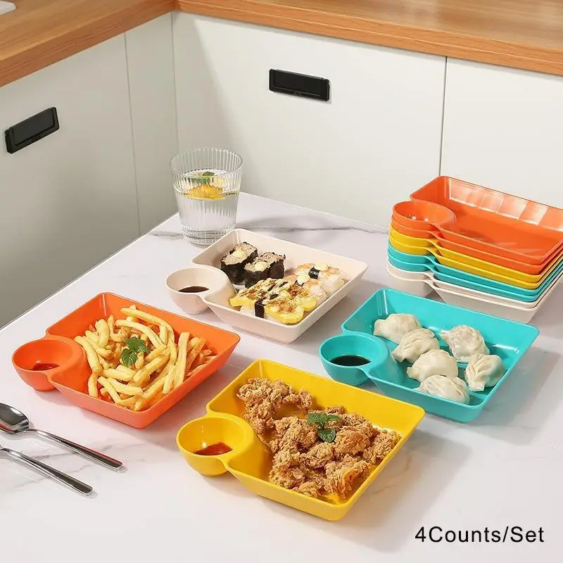 Dinner Plate with Sauce Compartment, 4 Counts/set Portable Mixed Color Snack Plate, Kitchen Tableware for Outdoor Camping BBQ Picnic