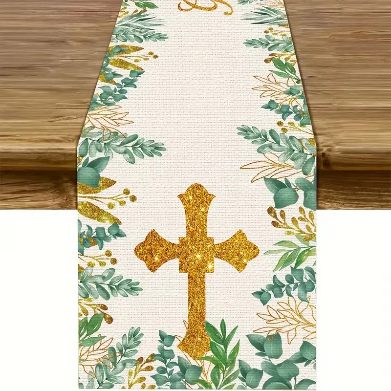 2D flat printing, 1-piece set of decorative tablecloths for baptismal parties of the Holy Communion, God bless green and gold kitchen and home decorations, suitable for boys and girls to decorate tablecloths for baptismal parties
