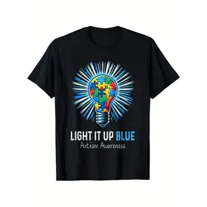 Autism Awareness Light Bulb Light it up Blue T-Shirt 100% Cotton