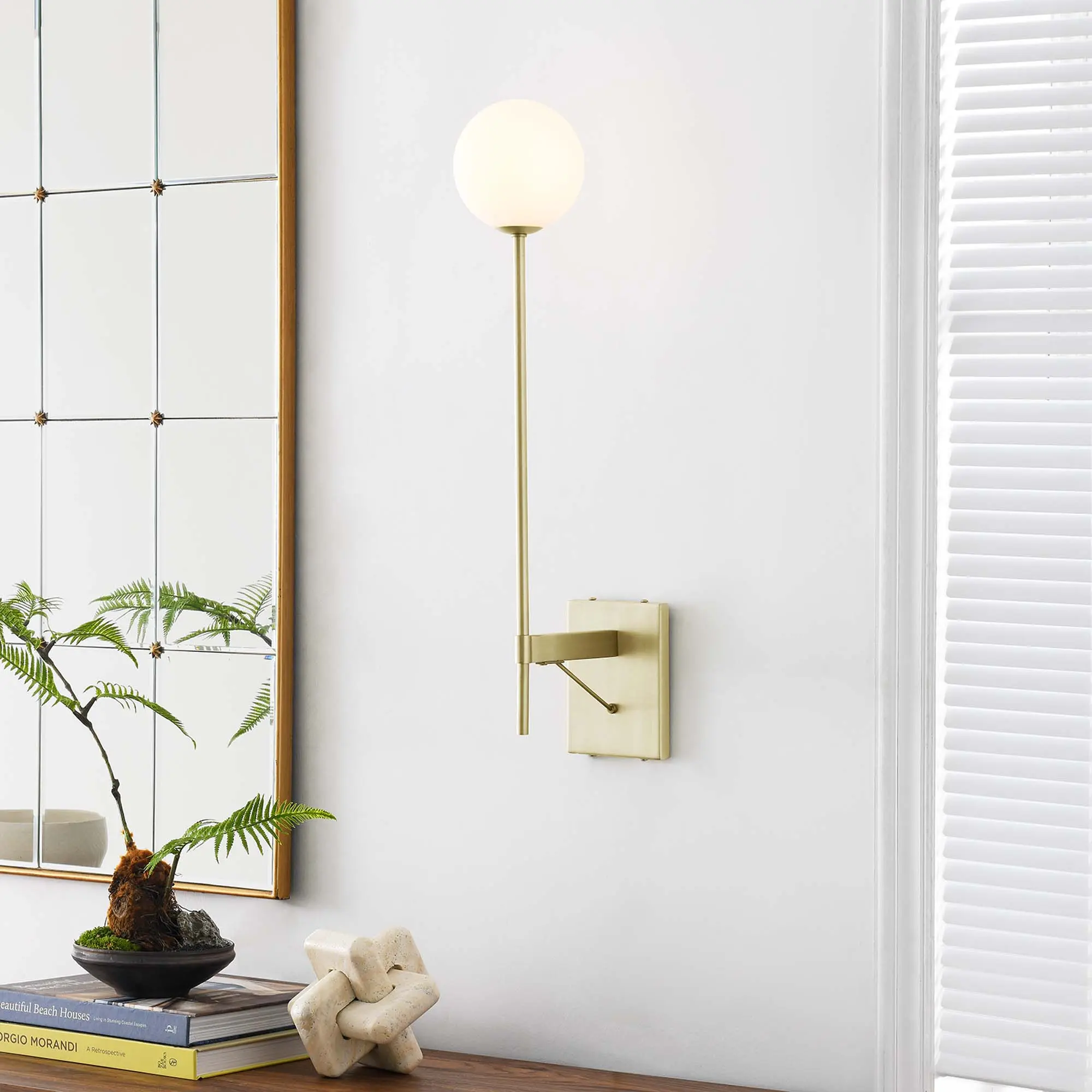 Modway Riva White Globe Wall Sconce in Satin Brass