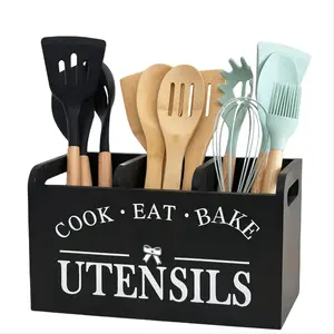 Wooden Kitchen Utensil Holder with 3 Compartments, Utensil Storage Organizer for Kitchen Counter,Utensil Crock for Silverware Spoon Spatula, Farmhouse Decor & Rustic Cooking Tools Storage(White)