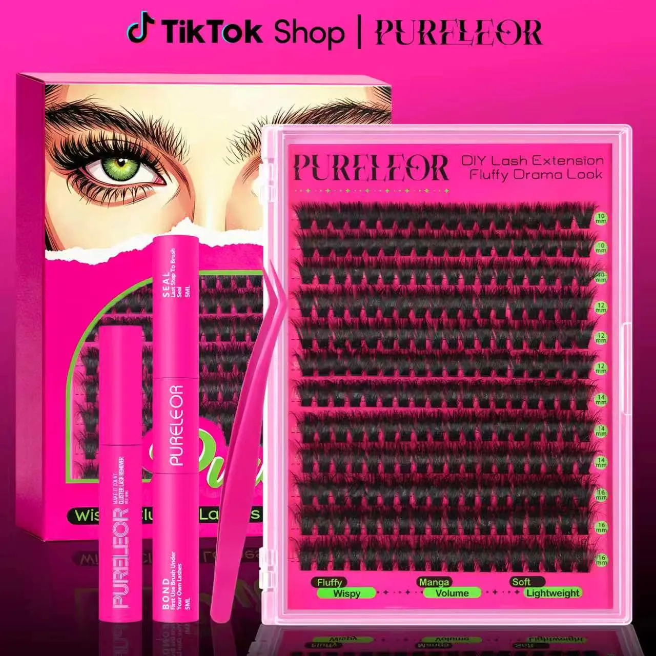 PURELEOR D-Curl Lash Clusters Kit or Single Box Volume Individual Lashes Mixed 10-12-14-16mm Wispy- Look for Beginners DIY at Home