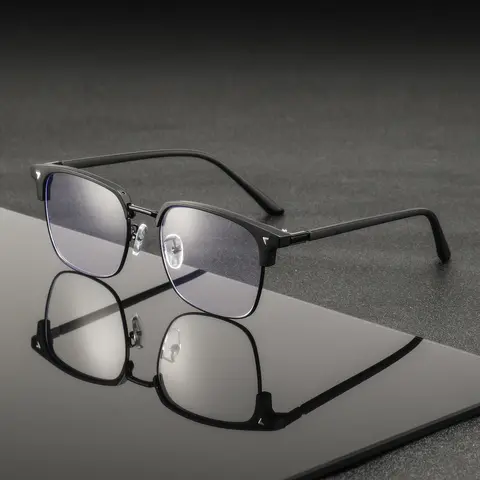 Men's Metal Browline Half Frame Glasses, High-Quality Fashion Flat Light Eyewear, Stylish Trendy Eyewear, Business Casual Trendy Decorative Glasses, Vintage Style, Stylish Eyeglass