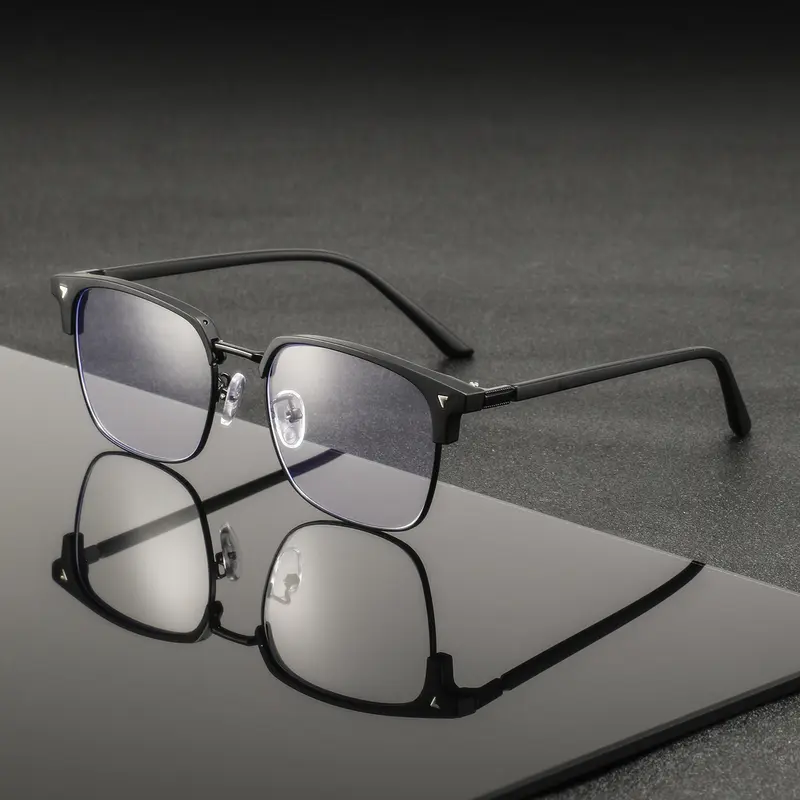 Men's Metal Browline Half Frame Glasses, High-Quality Fashion Flat Light Eyewear, Stylish Trendy Eyewear, Business Casual Trendy Decorative Glasses, Vintage Style, Stylish Eyeglass