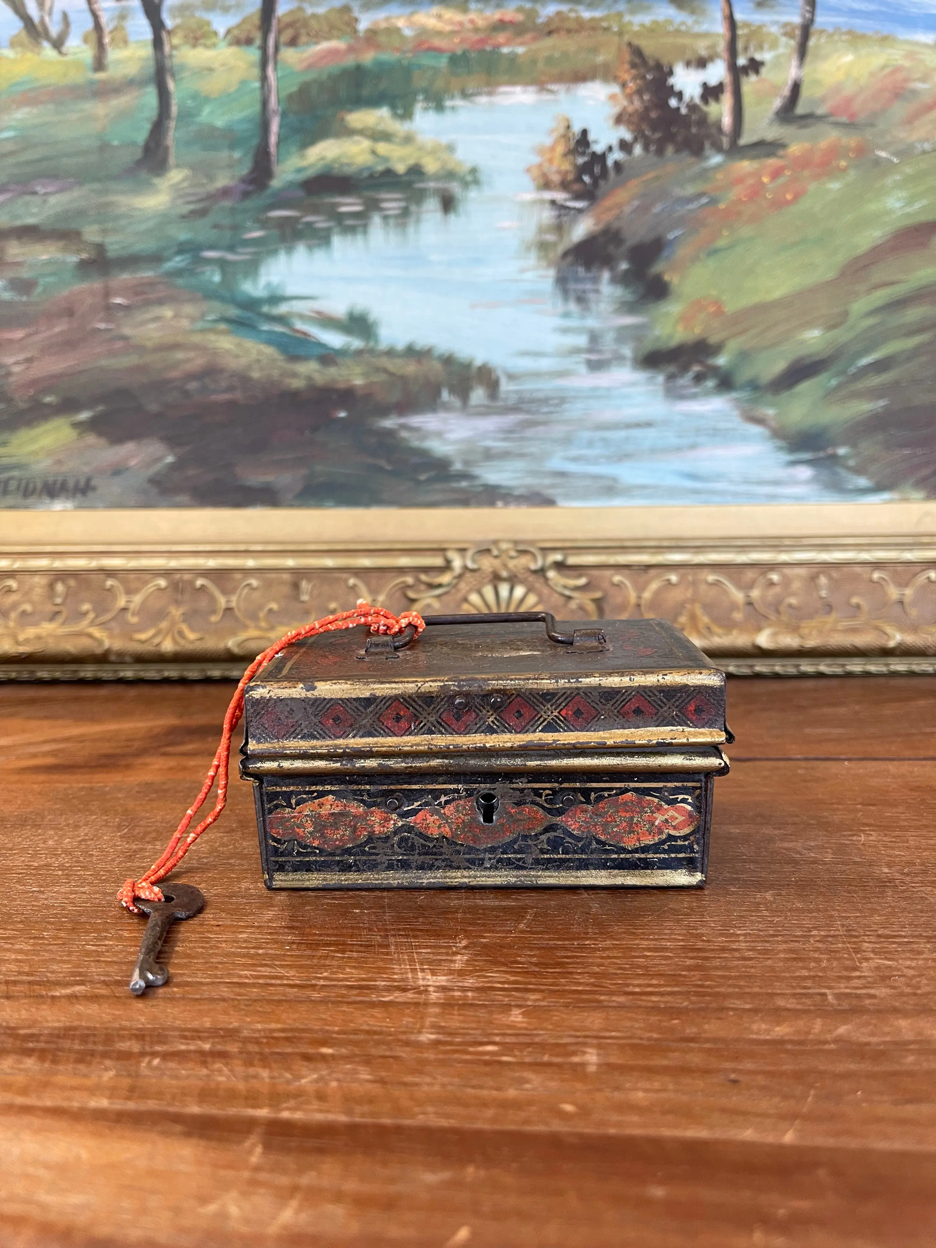 Likely Antique Toleware Painted Tin Lock Box with Key, 19th Century