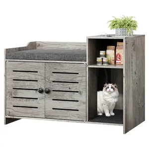 Modern Hidden Cat Litter Box Enclosure Furniture - Wooden Cat House Cabinet with Mark Pad & Storage Shelf - Enclosed Private Cat Bed for Bedroom or Hallway - Odor Control, Multi-Functional Design - German Oak or Tigerwood