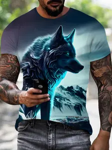 Men's Ice Wolf 3D T-Shirt, Fantasy Trendy Short Sleeve Top, Fashion Comfort Design, Perfect Daily Wear, Ideal Gift Choice