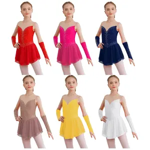 Ice Figure Skating Dress for Girls Rhinestone Dance Leotard Dress with Gloves