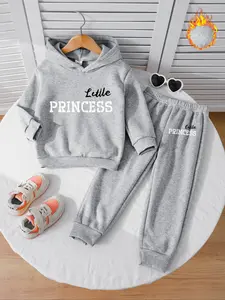 Girls Hooded Sweatshirt Set with Letter Print, Casual Fitted Design, Warm Drawstring Pants, Perfect for Daily Wear & Holidays