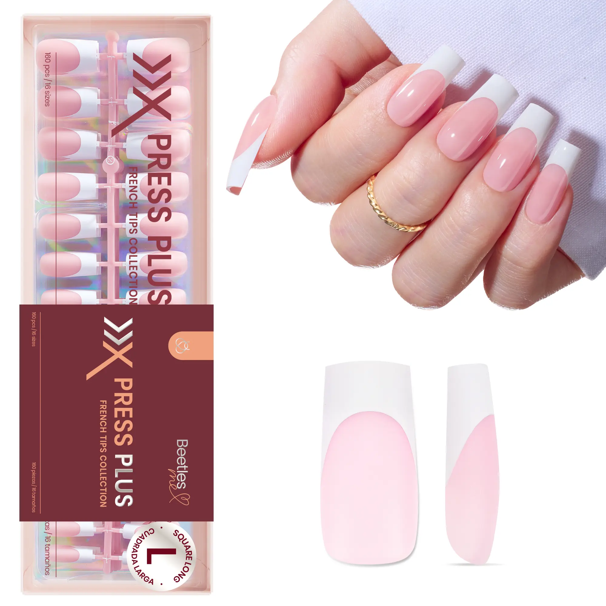 160Pcs Long Square Pink French Tips