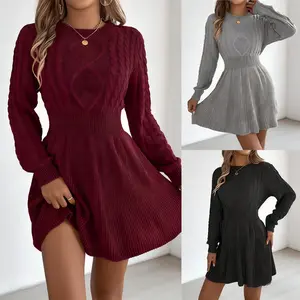 Women's Knitted Sweater Dress Long Sleeve Round Neck A-Line for Autumn Winter Dating Commuting in Burgundy Gray Black