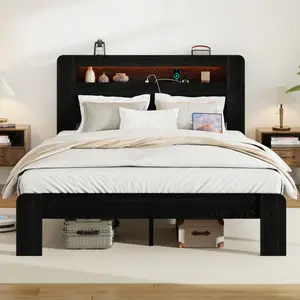 Rustic Farmhouse King Size Wood & Metal Bed Frame with Bookcase Storage Headboard, LED Lights, Charging Station, Slat Support, Sturdy, No Box Spring Required (Black)