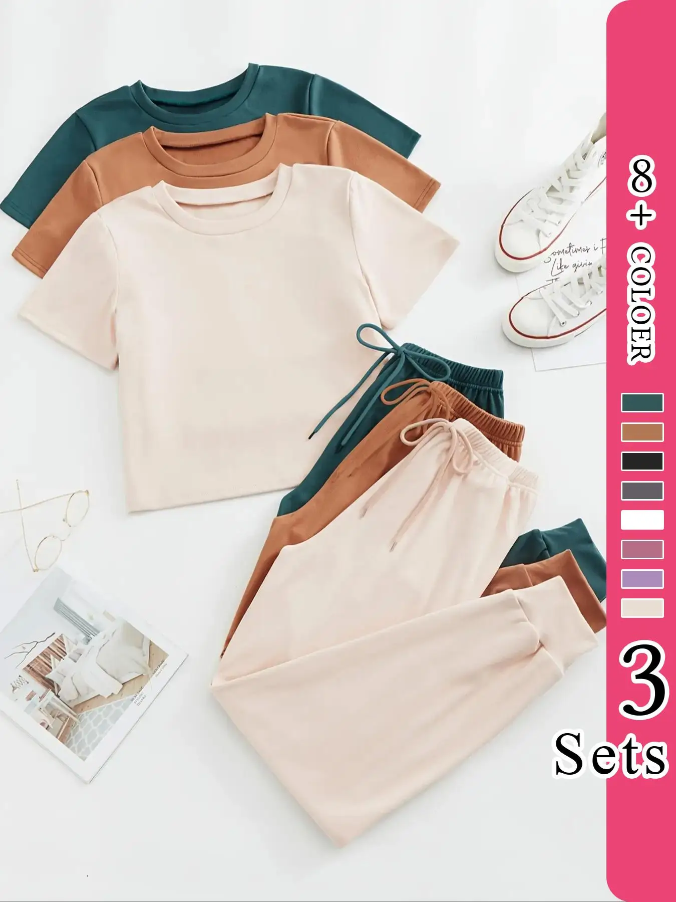 Women's Solid Short Sleeve Tee & Drawstring Pants Lounge Sets, Summer Clothes, Halloween Print Lounge Sets, Back-to-school Clothing, Sleepwear for Wom